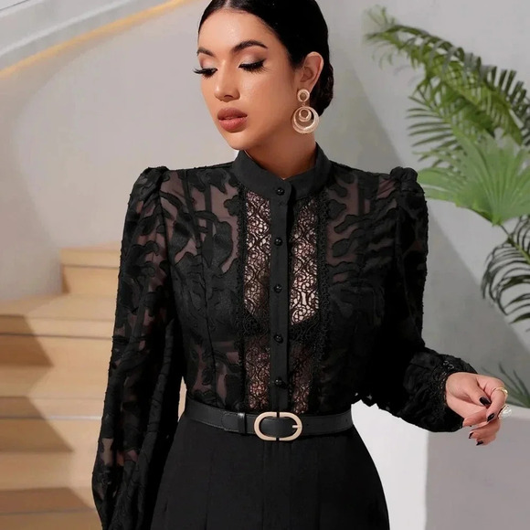 Contrast Lace Lantern Sleeve Mock Neck Going Out  Black Shirt Withou - Picture 2 of 7